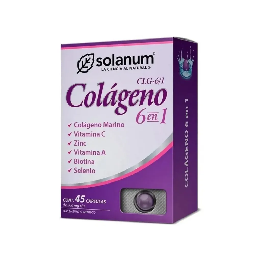 SOLANUM COLAGENO 6 EN 1 CON COLAGENO MARINO, VITAMINA C, A, ZINC, BIOTINA Y SELENIO 45 CAPSULAS