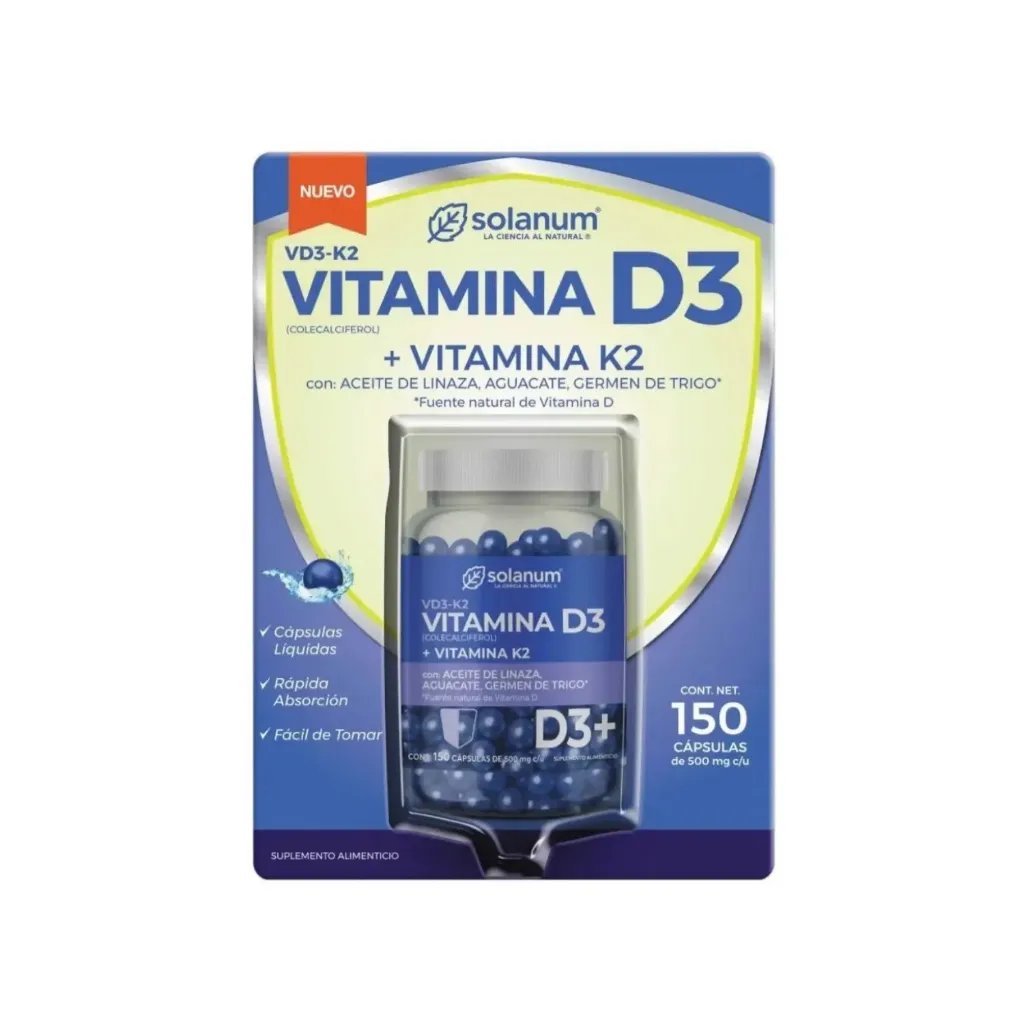 SOLANUM VITAMINA D3+VITAMINA K2, ACEITE DE LINAZA, AGUACATE Y GERMEN DE TRIGO CON 150 CÁPSULAS