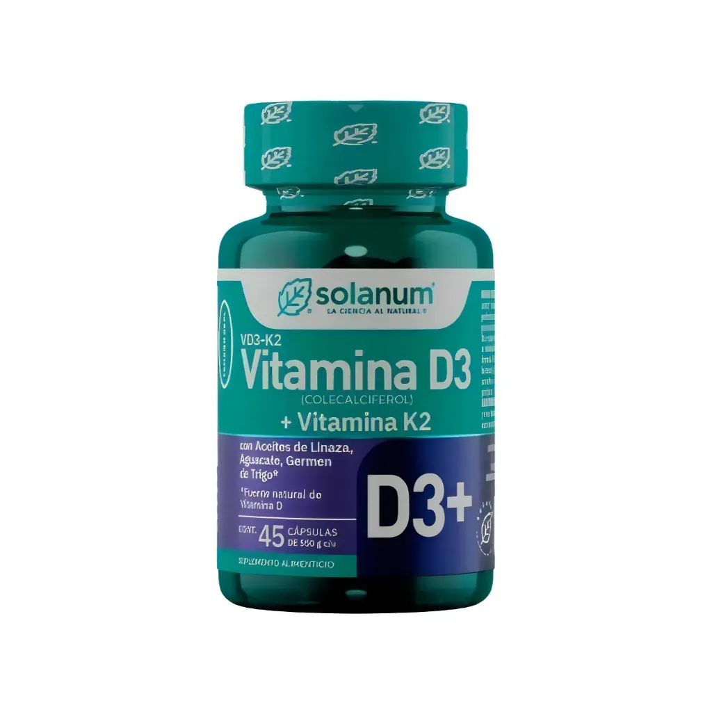 SOLANUM VITAMINA D3+VITAMINA K2 CON ACEITE DE LINAZA, AGUACATE  GERMEN DE TRIGO CON 45 CÁPSULAS DE 550G C/U