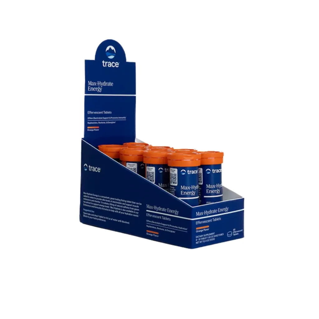 [878941004148] Trace Minerals Max-Hydrate Endurance - Suplemento diario de apoyo energético, electrolitos para ayudar contra los calambres musculares sabor naranja, 10 tabletas 80 porciones