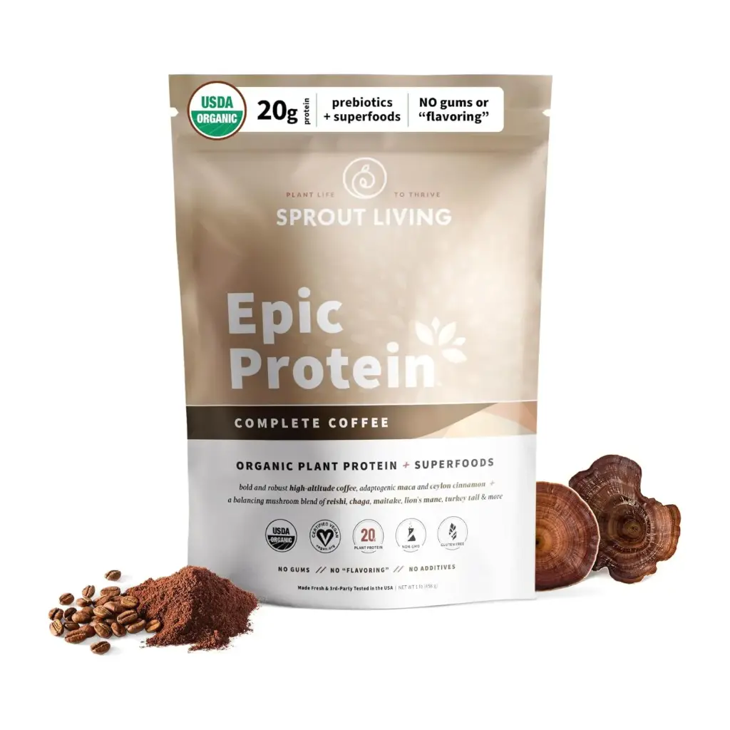 Sprout Living Epic Protein Coffee Mushroom 1 Libra, Energía Enfocada y Apoyo Adaptógeno con Hongos Medicinales