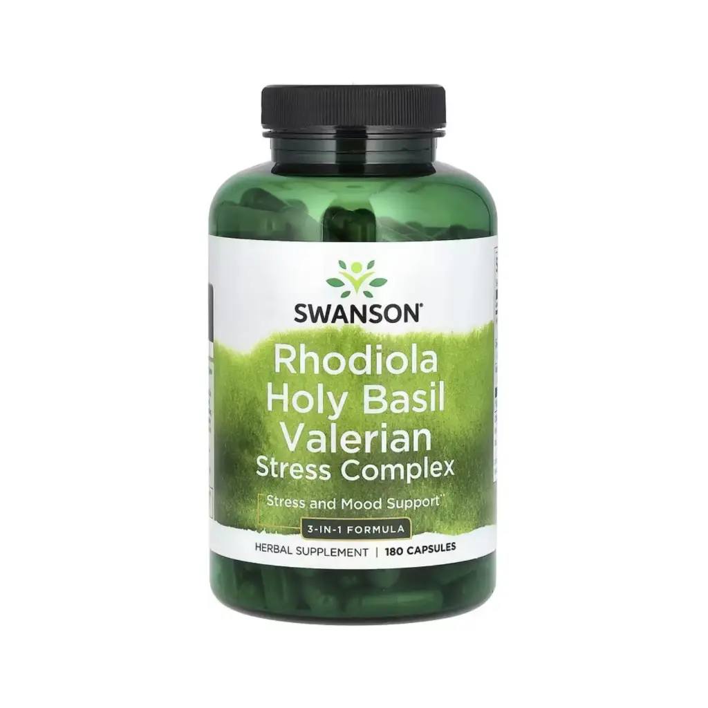 Swanson Complejo Antiestrés De Rhodiola, Albahaca Sagrada, Valeriana, Mejora El Estado De Ánimo Y Reduce El Estrés, 180 Cápsulas