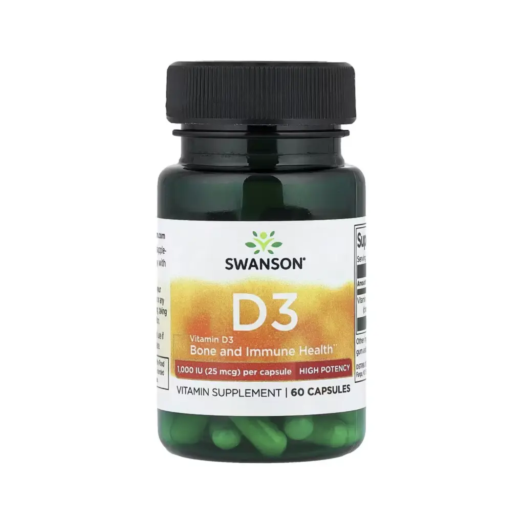 Swanson Vitamina D3, Alta Potencia, Salud Ósea E Inmunitaria 25 Mcg (1000 UI), 60 Cápsulas Blandas