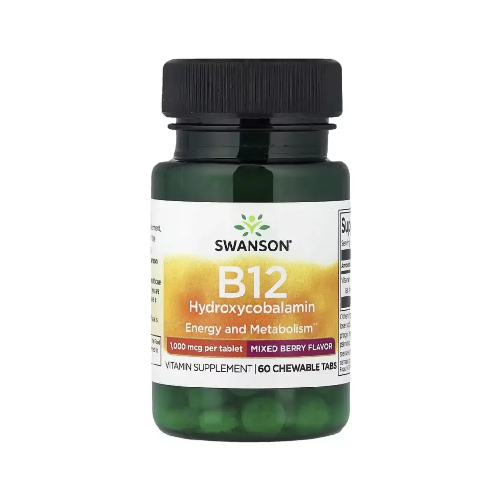 Swanson B12 Hidroxicobalamina, Bayas Mixtas, Energía Y Metabolismo, 1000 Mcg, 60 Tabletas Masticables 