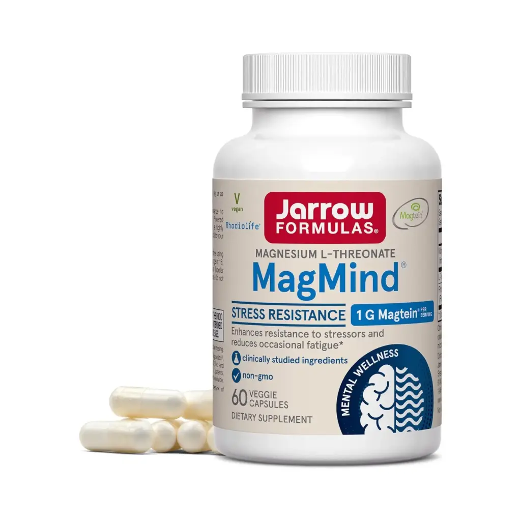 Jarrow Formulas MagMind Resistencia al Estrés con Magtein 1g, L-Teanina y Rhodiolife, Suplemento Dietético para Fatiga y Estrés Ocasionales, 60 Cápsulas