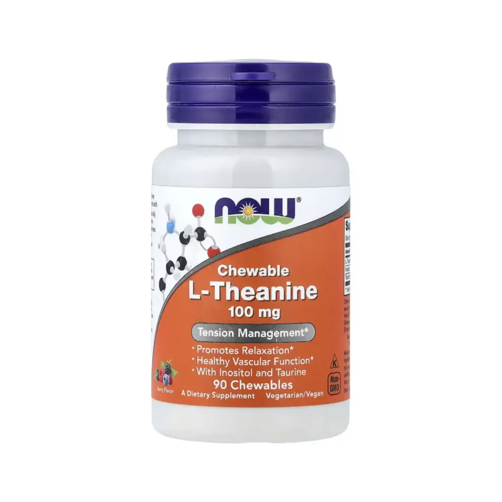 [733739001443] Now Foods, L-Teanina 100 mg Con Inositol Y Taurina, Promueve La Relajación Y Función Vascular Saludable 90 Tabletas Masticables