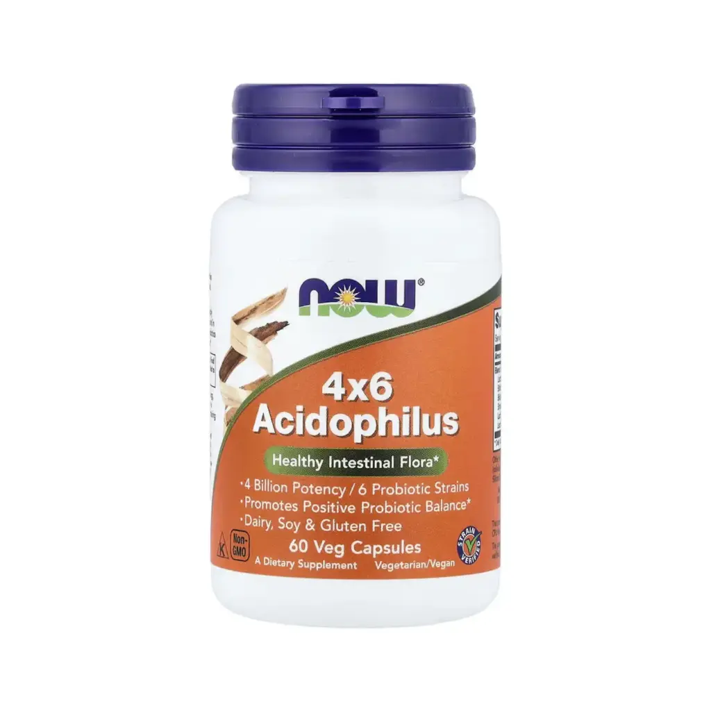 [733739029201] Now Foods Acidophilus 4X6 Contiene 4000 Millones De Potencia Y 6 Cepas Probióticas, Promueve La Flora Intestinal Saludable Y El Equilibrio Probiótico Positivo 60 Cápsulas Vegetales