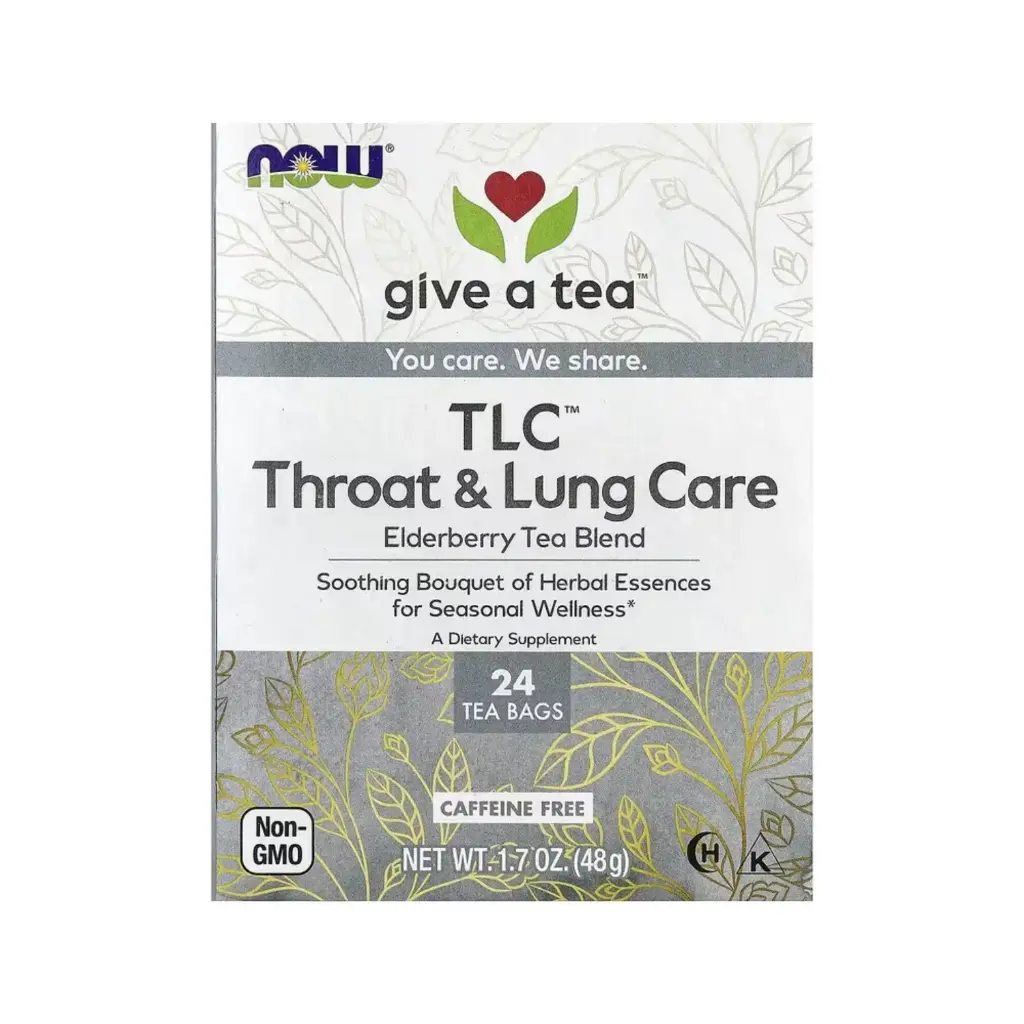 [733739042378] Now Foods TLC™ Para El Cuidado De La Garganta Y Los Pulmones, Mezcla De Té De Saúco, Sin Cafeína, 24 Bolsitas De Té