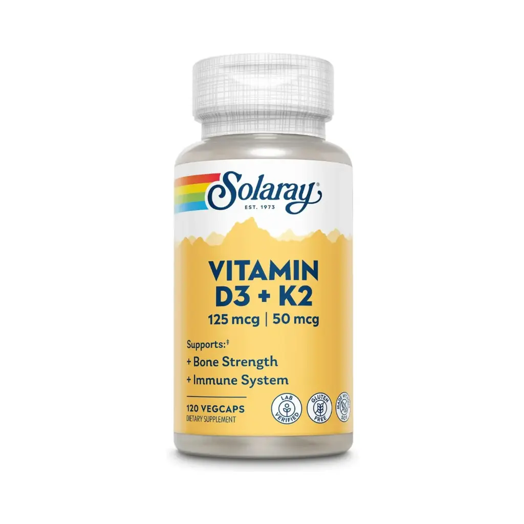 Solaray, Vitamin D3 125 mcg + K2 50 mcg, 120 Cápsulas Vegetales, Apoyo Integral para Huesos y Sistema Cardiovascular