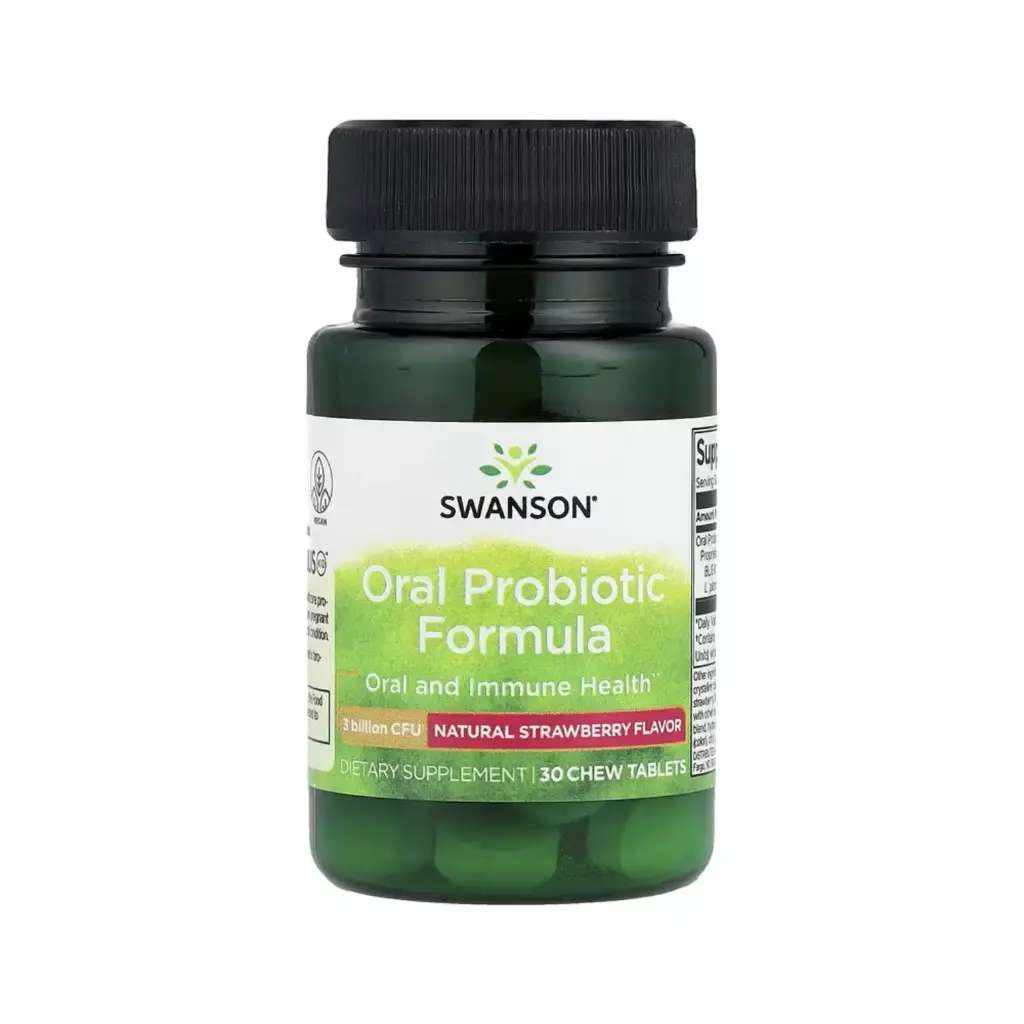 Swanson Fórmula Probiótica Oral, Fresa Natural, Salud Bucal E Inmunitaria, 3000 Millones De Ufc, 30 Comprimidos Masticables 