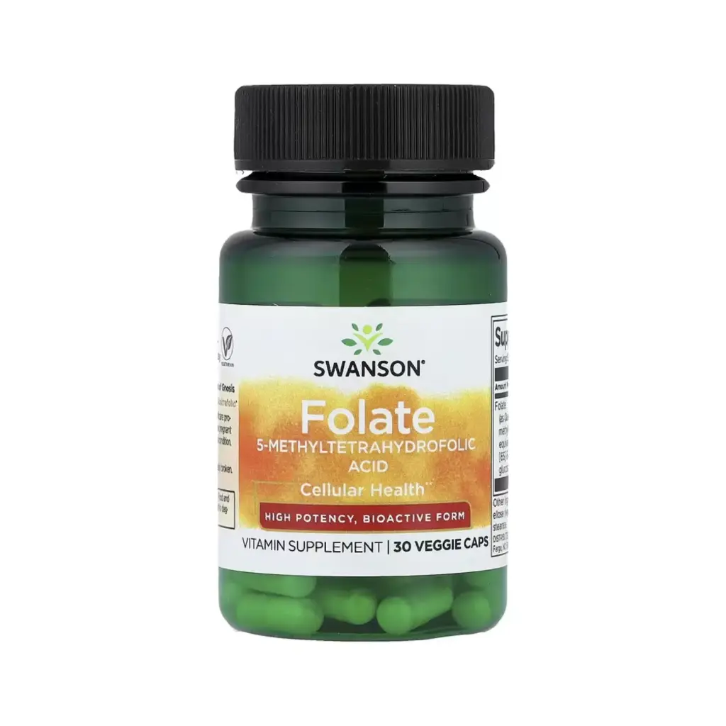 Swanson Folato, Alta Potencia, Salud Celular, 30 Cápsulas Vegetales (800 Mcg Por Cápsula)