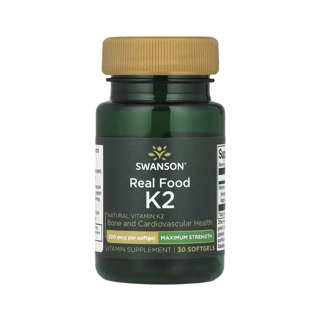 [087614029061] Swanson Real Food, Vitamina K2, Máxima Concentración, Salud Ósea Y Cardiovascular, 200 Mcg, 30 Cápsulas Blandas 