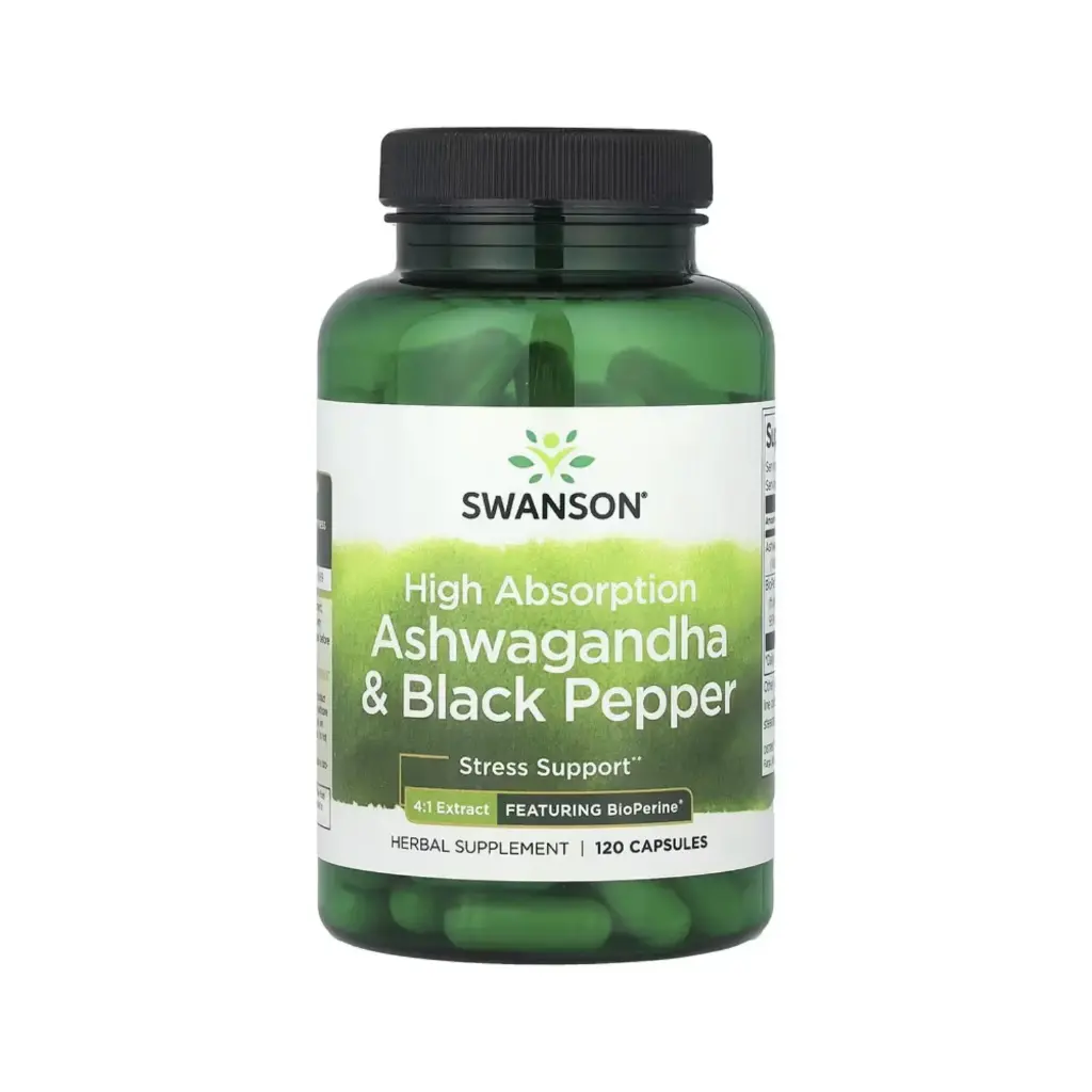 [087614118222] Swanson Ashwagandha Y Pimienta Negra De Alta Absorción, Suplemento Para El Alivio Del Estrés 120 Cápsulas