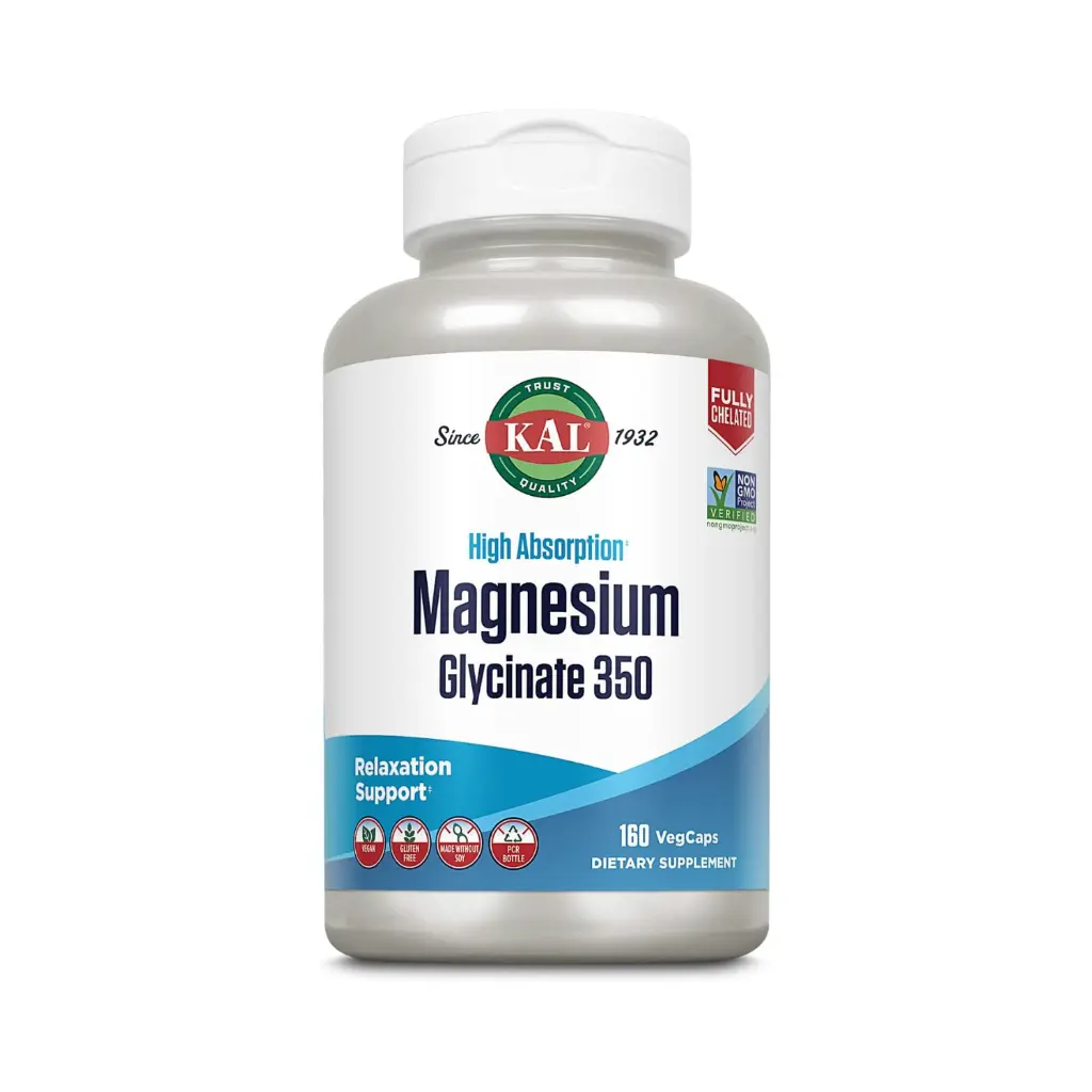 [021245390220] KAL, Glicinato de Magnesio 350, 160 Cápsulas Vegetales, Alta Absorción y Relajación Muscular