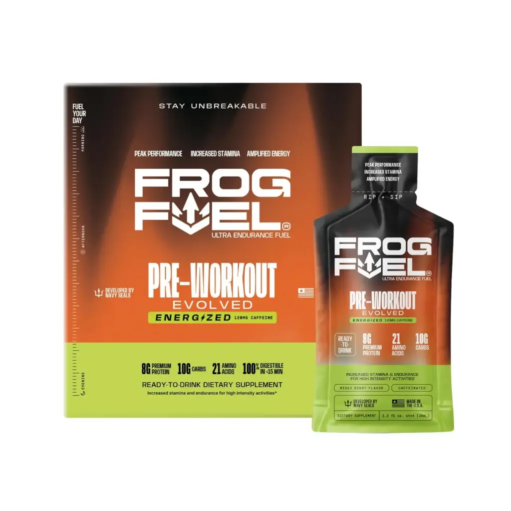 [851010004096] Frog Fuel Ultra Energy Gel Pre Workout Shot con 120 mg de cafeína, 1500 mg de beta alanina, electrolitos 0.28 oz de proteína de colágeno alimentado con pasto nano-hidrolizado 24 packs