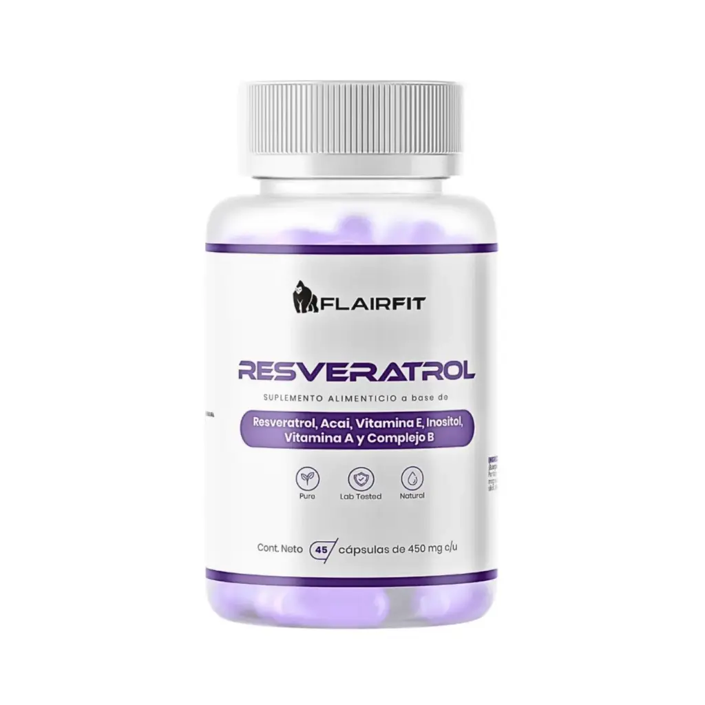 Flairfit Resveratrol (Resveratrol, Acai, Vitamina E, Inositol, Vitamina A y Complejo B) 45 Cápsulas De 450mg c/u, Antioxidante