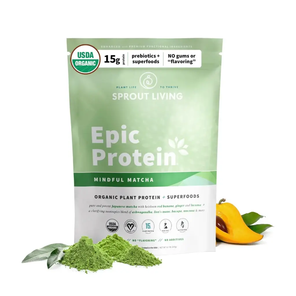 Sprout Living Epic Protein Mindful Matcha 0.7 Libras, Energía Calma y Enfoque Mental con Adaptógenos