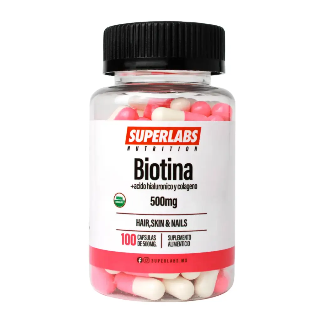 Superlabs Nutrition Biotina 500 mg - 100 Caps | Hair, skin & Nails | Vitalidad y bienestar | Fórmula limpia sin aditivos | Suplemento alimenticio