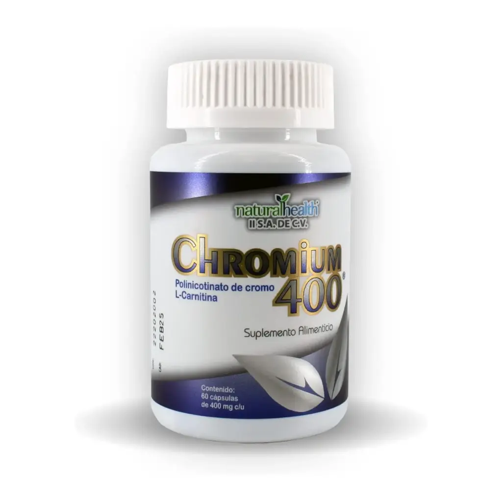 Natural Health Chromium 400 Polinicotinato de Cromo y L-Carnitina, 60 Cápsulas