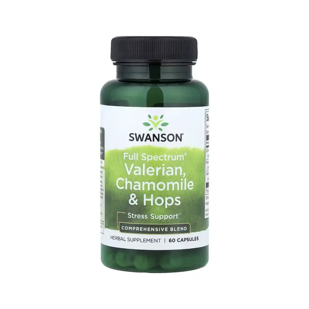 [087614116655] Swanson, Valeriana, Manzanilla Y Lúpulo, Full Spectrum, Suplemento Para El Alivio Del Estrés 60 Cápsulas 