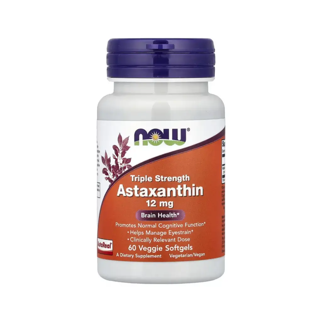 Now Foods Astaxantina 12 Mg, Triple Concentración, Promueve La Función Cognitiva Normal Y La Salud Cerebral 60 Cápsulas Blandas Vegetales