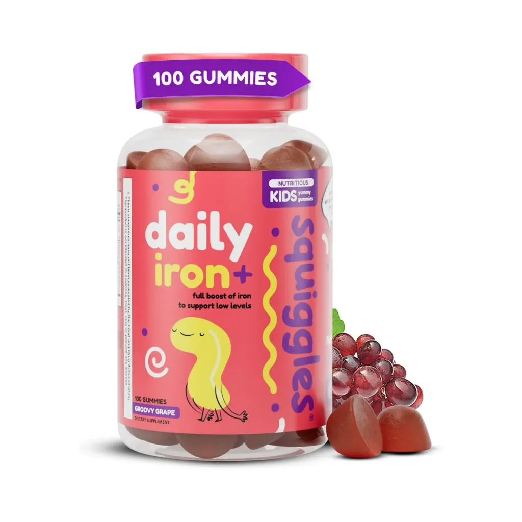 Squiggles Kid's Daily Iron+ con 100 gummies, dosis diaria de hierro + aumento de vitaminas y minerales.