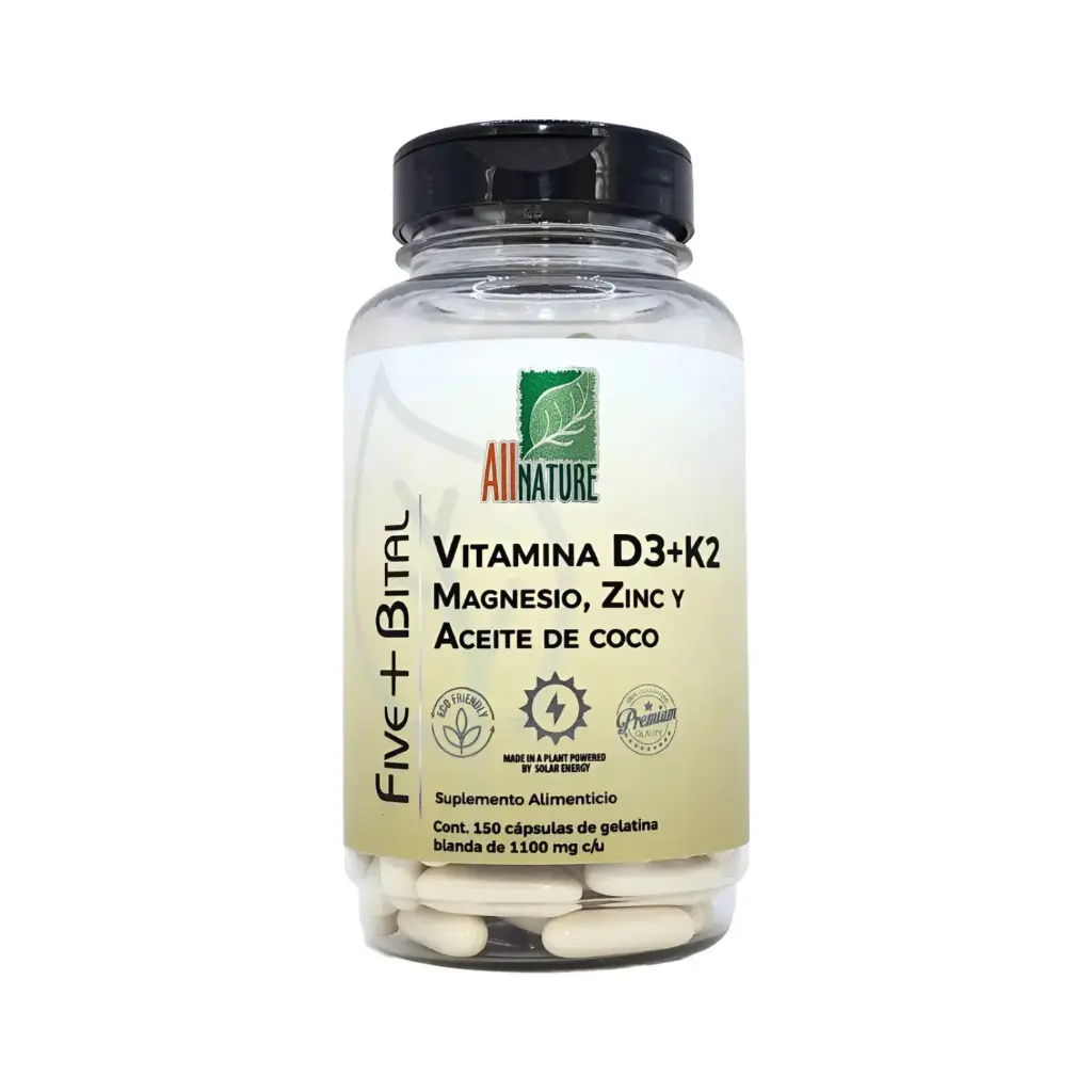 All Nature Vitamina D3+K2 Magnesio, Zinc y Aceite de Coco 1100mg, 150 Capsulas