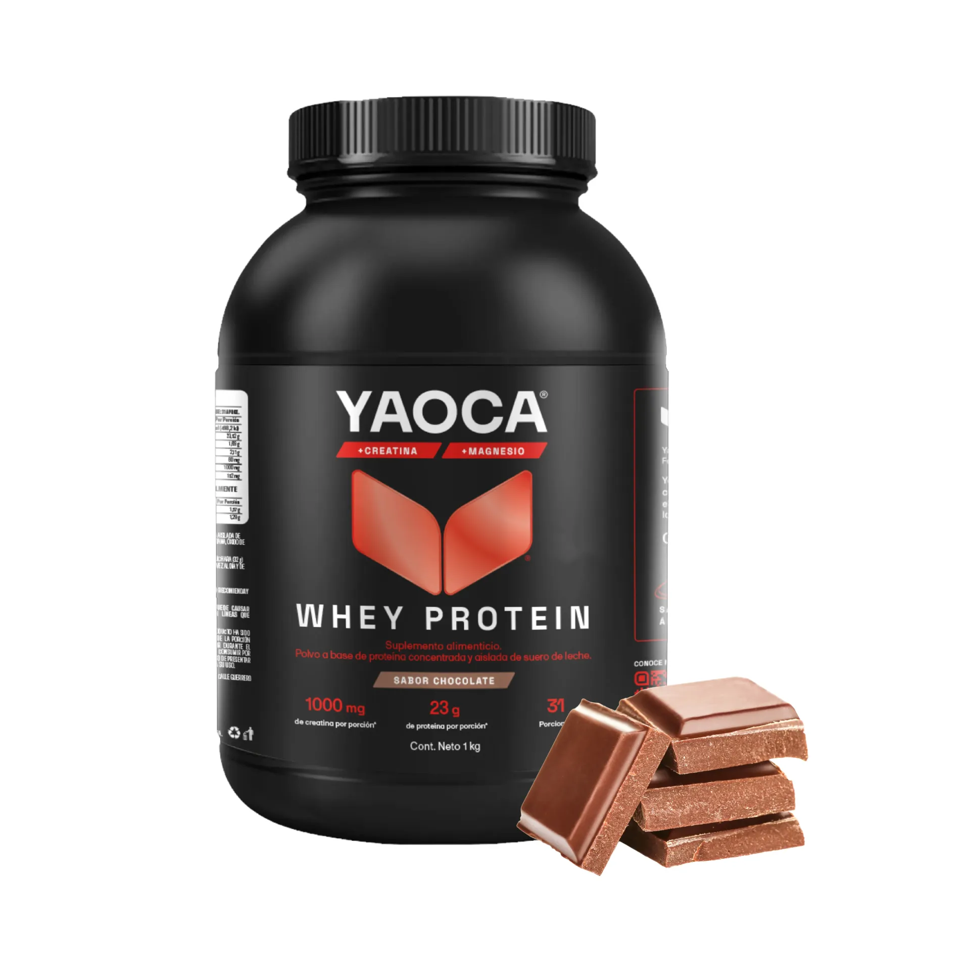 Yaoca Proteína Whey En Polvo De 1kg - 31 servicios - Con sabor a chocolate - Enriquecido con Creatina y Magnesio 23g de Proteína hidrolizada por porción - Libre de azúcar