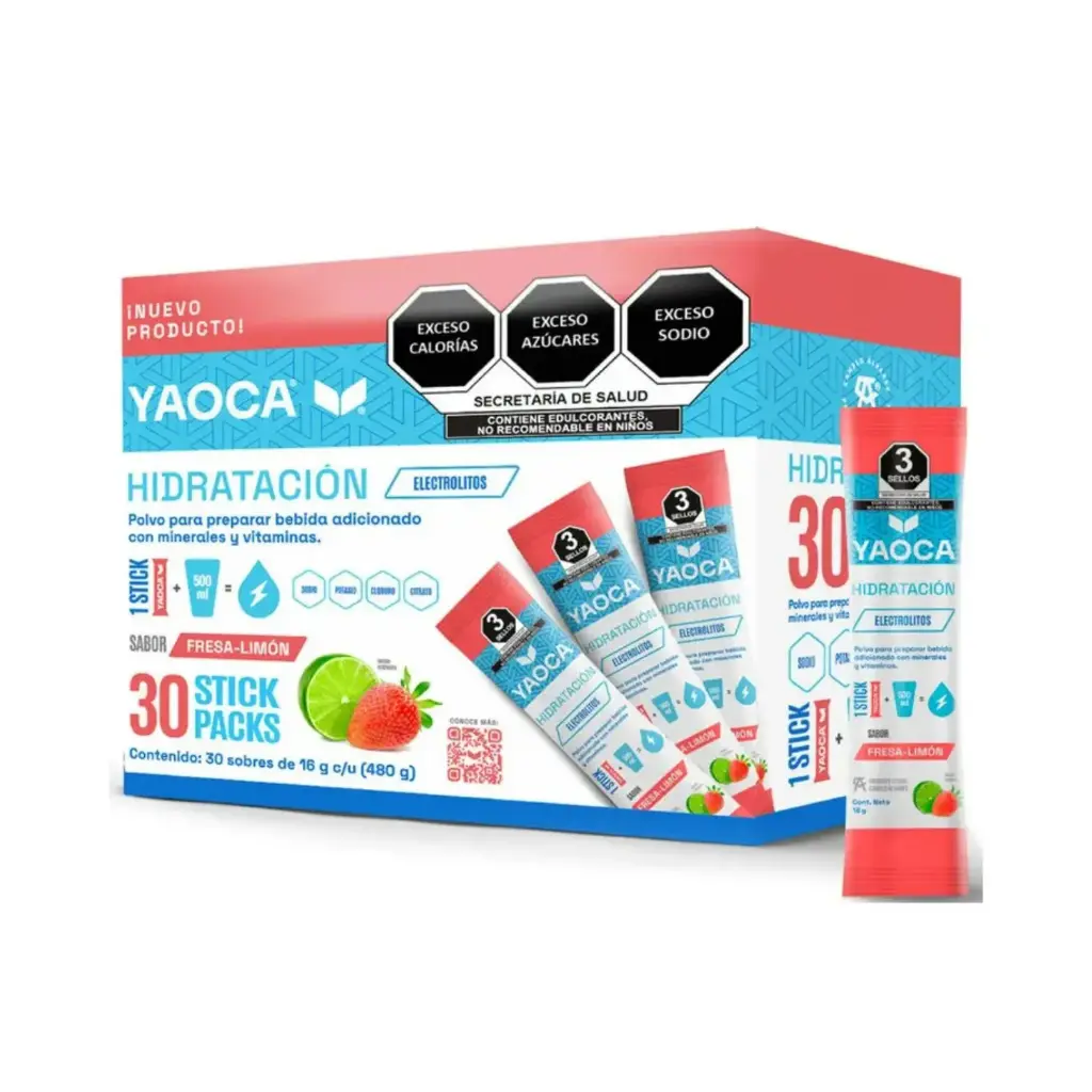 [17503045518191] Yaoca Hidratación Polvo 30 Sobres De 16g c/u Adicionado Con Vitaminas Y Minerales Sabor Fresa-Limón