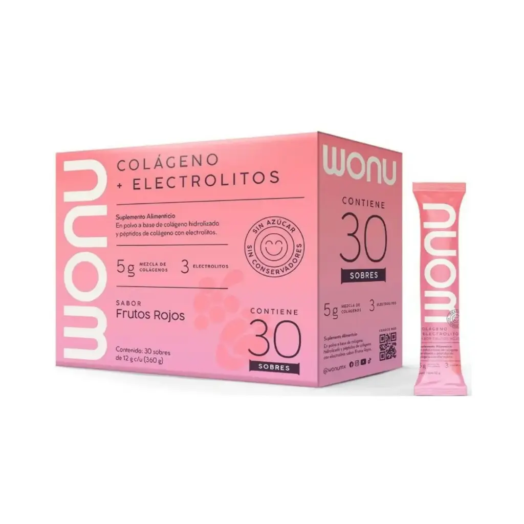 [17503045518467] Wonu Colágeno + Electrolitos 30 Sobres De 12g c/u Sabor Frutos Rojos
