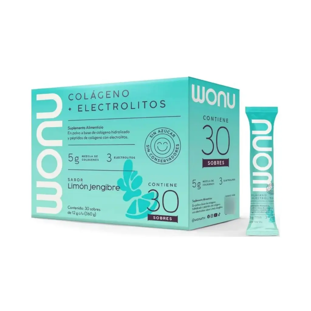 [17503045518450] Wonu Colágeno + Electrolitos 30 Sobres De 12g c/u Sabor Limón Jengibre