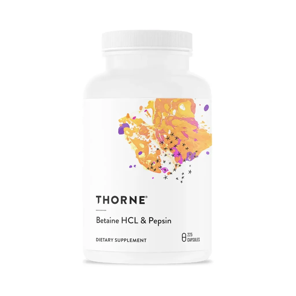 Thorne Betaine HCL & Pepsin Para La Digestión de Proteínas y Salud Digestiva 225 Cápsulas