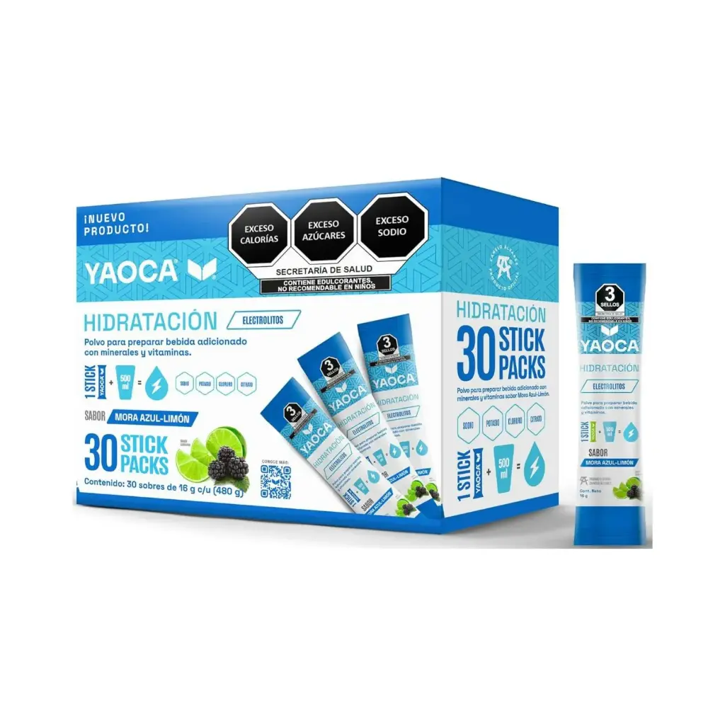 [17503045518290] Yaoca Hidratación Polvo 30 Sobres De 16g c/u Adicionado Con Vitaminas Y Minerales Sabor Mora Azul-Limón