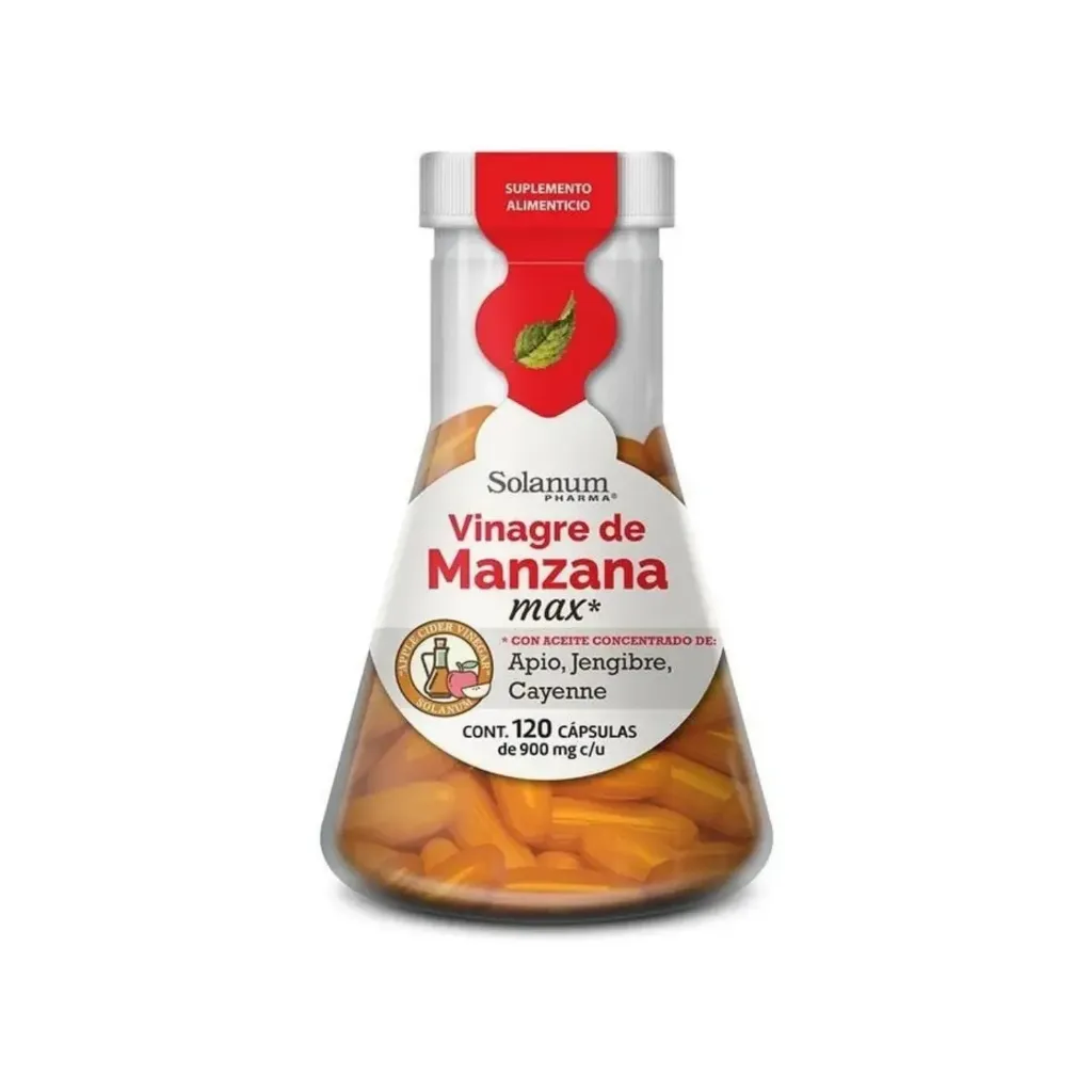 SOLANUM VINAGRE DE MANZANA MAX CON ACEITE CONCENTRADO DE JENGIBRE, APIO Y CAYENNE CON 120 CÁPSULAS DE 900MG
