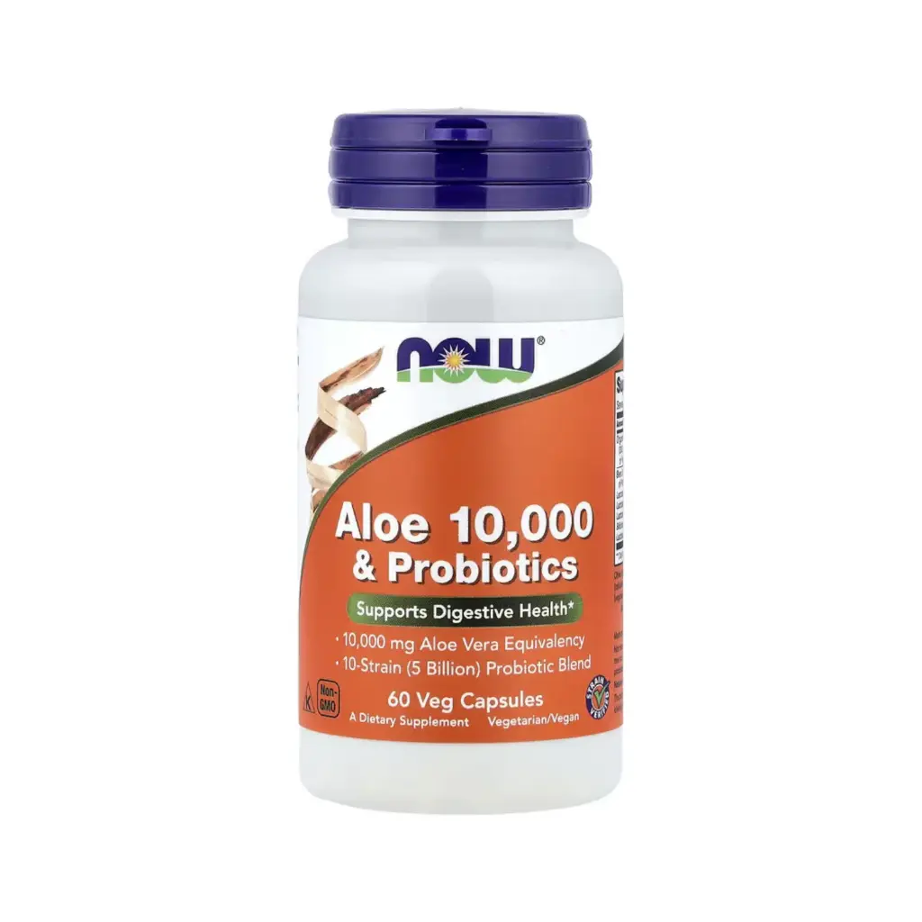 [733739030290] Now Foods Aloe 10,000 Y Probióticos, Ayuda A Tener Una Digestión Saludable 60 Cápsulas Vegetales