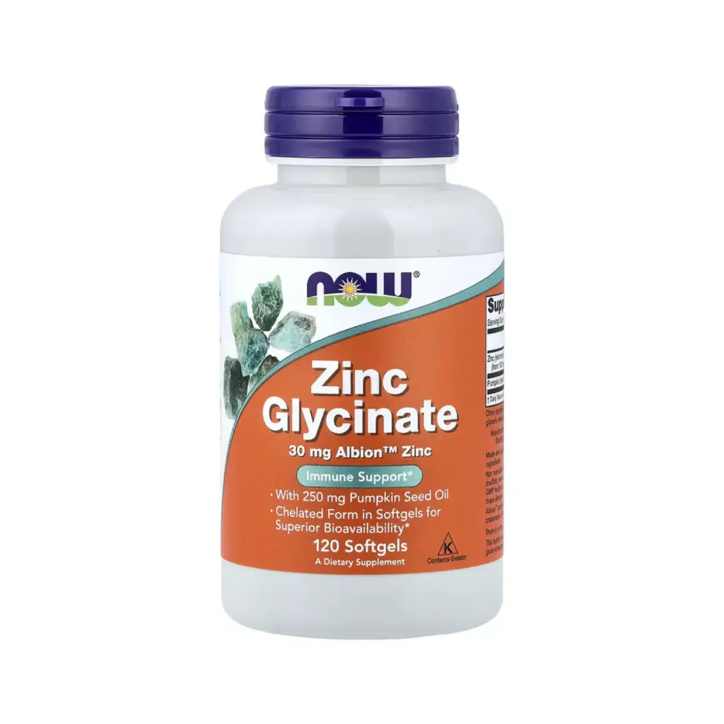 [733739015549] Now Foods Glicinato De Zinc Con 30 Mg De Zinc De Albion Con 250 Mg De Aceite De Semilla De Calabaza, Favorece La Salud De La Próstata 120 Cápsulas Blandas
