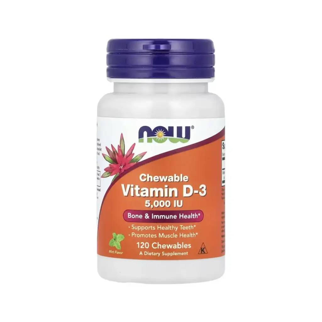 Now Foods Vitamina D3 Masticable 5000 IU, Promueve La Salud Muscular, Salud De Los Huesos Y El Sistema Inmunitario 120 Tabletas Masticables 