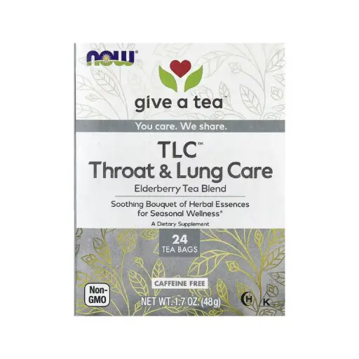 [733739042378] Now Foods TLC™ Para El Cuidado De La Garganta Y Los Pulmones, Mezcla De Té De Saúco, Sin Cafeína, 24 Bolsitas De Té