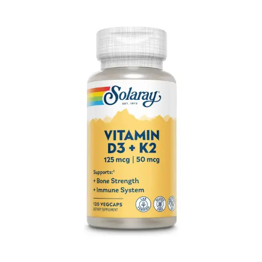 [076280574456] Solaray, Vitamin D3 125 mcg + K2 50 mcg, 120 Cápsulas Vegetales, Apoyo Integral para Huesos y Sistema Cardiovascular