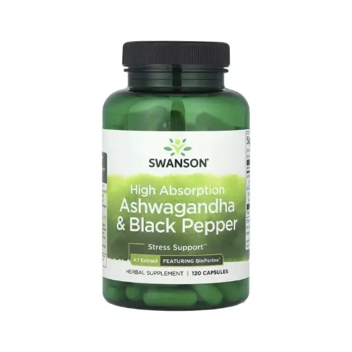 [087614118222] Swanson Ashwagandha Y Pimienta Negra De Alta Absorción, Suplemento Para El Alivio Del Estrés 120 Cápsulas
