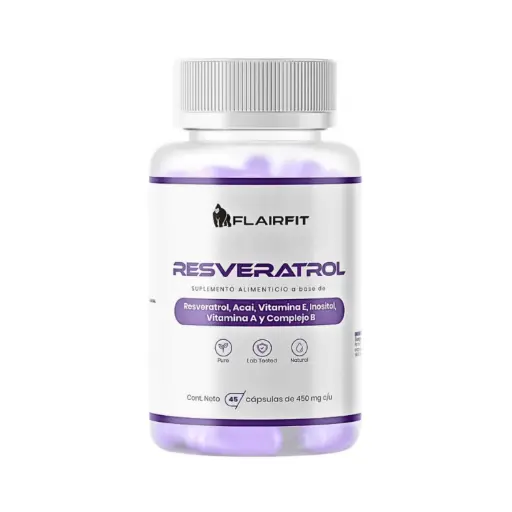 [7502309370080] Flairfit Resveratrol (Resveratrol, Acai, Vitamina E, Inositol, Vitamina A y Complejo B) 45 Cápsulas De 450mg c/u, Antioxidante