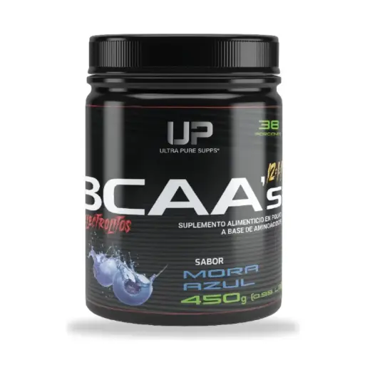 [632726456344] UP BCAA en polvo 450g 37 Servicios Sabor Mora Azul Suplemento de aminoacidos