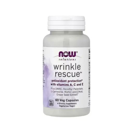 [733739033673] Now Foods Solutions Wrinkle Rescue Con Vitamina A, C Y E, Más Dmae, Palmitato De Ascorbilo, L-Carnosina, Ácido Alfa-Lipoico Y Extracto De Semilla De Uva Protección Antioxidante 60 Cápsulas Vegetales 